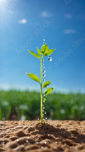 green plant with water droplets grows from the ground, a symbol of eco-consciousness against the backdrop of a blue horizon
