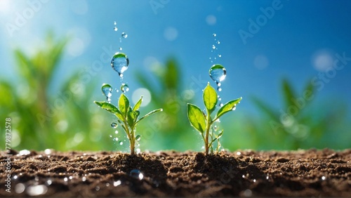 Green Plant Sprouts with Water Droplets in Ground, Signifying Eco-Consciousness Against a Blue Horizon, a Reminder of Environmental Responsibility