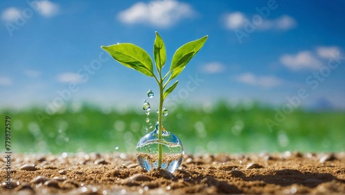 plant with dew drops in soil, eco-friendly concept amidst clean horizon line, symbol of sustainability