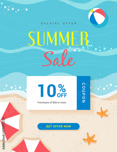 Summer sale coupon template vector design. Summer beach flat design.