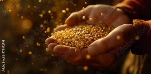 Sunlit kernels rest in the hands of a farmer.