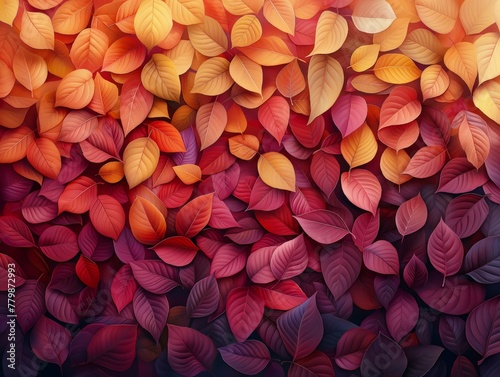 A close up of a bunch of red leaves with a yellowish orange background. The leaves are arranged in a way that creates a sense of depth and movement. The colors of the leaves photo