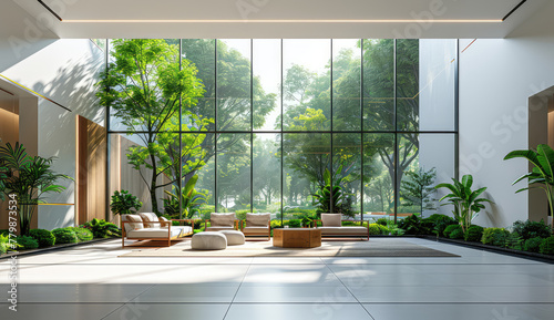 A modern Japanese-style garden in the center of an office building, featuring lush greenery and moss-covered stones under glass walls. Created with Ai © 360Degree