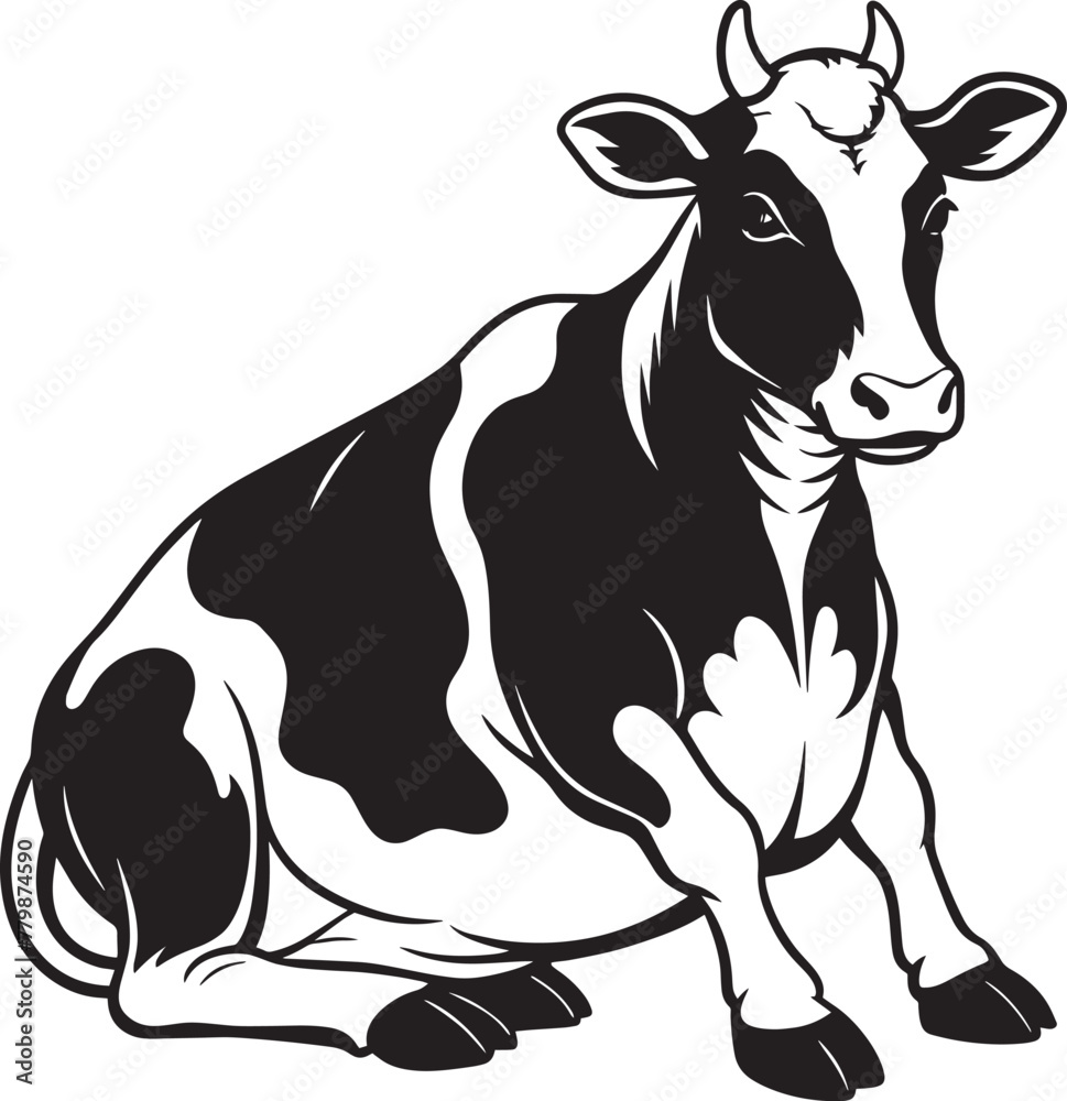 Cow silhouette- Black and White Vector Illustration - Isolated on White Background