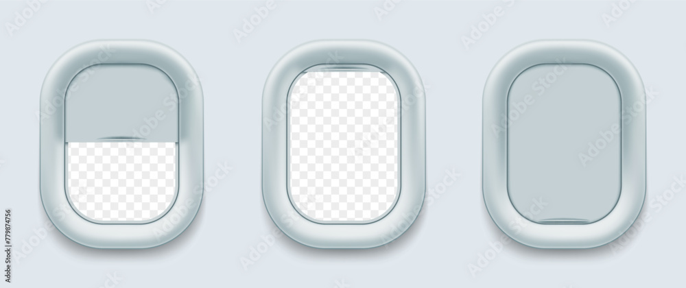 Vector aircraft windows. Airplane porthole in open and closed positions. Stock illustration. - obrazy, fototapety, plakaty 