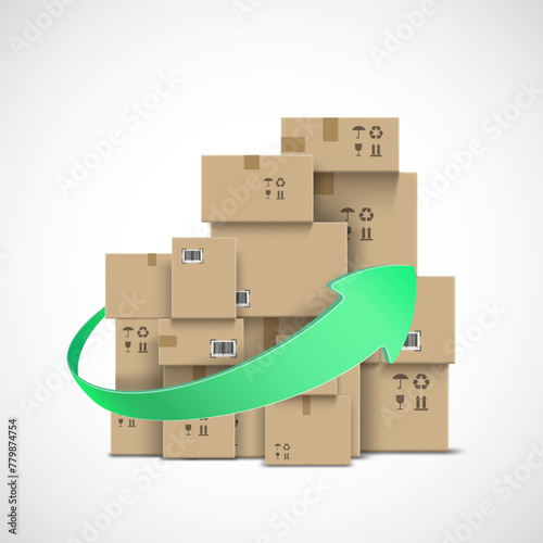 Cardboard boxes with growing arrow. Cargo delivery. Isolated on a white background. Stock vector illustration