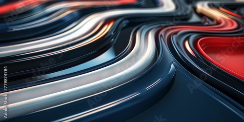 Graphic design featuring diagonal lines, creating depth and plasticity, in a 3D close-up perspective. Colors include blue, red and black. photo