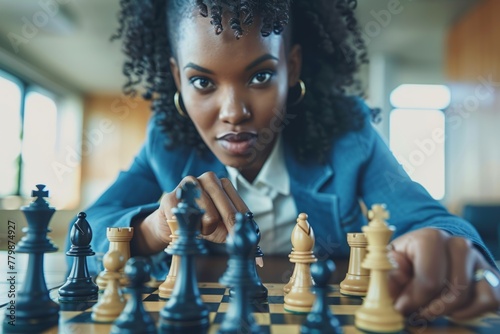 Businesswoman planning strategy advancement chess play checkmate opponent fair strategy competition business performance company leader ceo manager wininng achieving goals