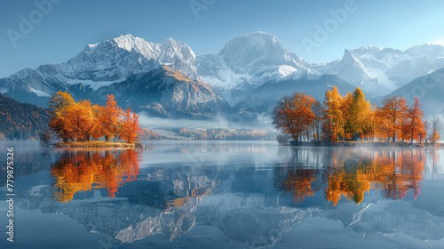 A stunning panoramic view of the Alps, with majestic mountains towering in the background and reflecting on crystal clear waters. Created with Ai