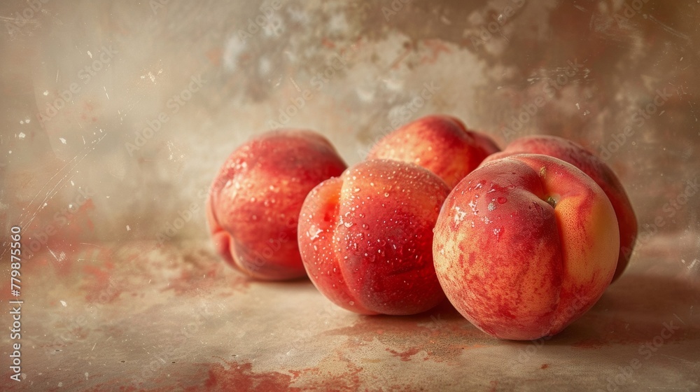 A group of peaches are sitting on a table with water droplets, AI A group of peaches are sitting on a table with water droplets, AI