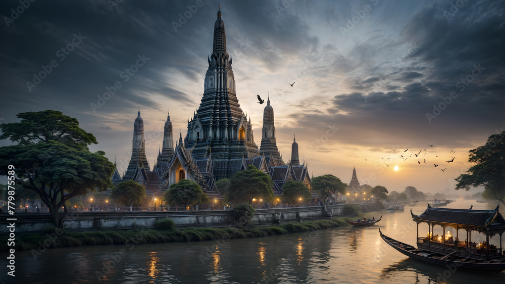 Wat Arun ethereal fantasy concept art of Wat Arun lighted lookout tower in fantasy style on a hill next to a small river Wat Arun ethereal fantasy concept art of Wat Arun lighted lookout tower in fantasy style on a hill next to a small river