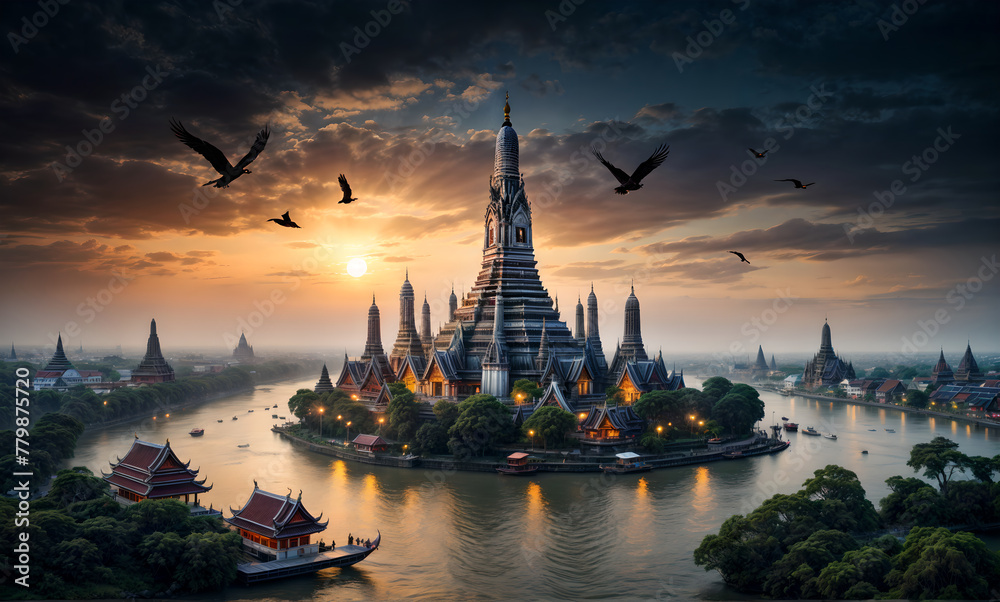 Wat Arun ethereal fantasy concept art of  Wat Arun lighted lookout tower in fantasy style on a hill next to a small river - obrazy, fototapety, plakaty 