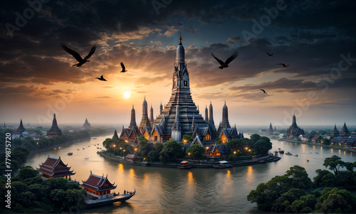 Wat Arun ethereal fantasy concept art of  Wat Arun lighted lookout tower in fantasy style on a hill next to a small river photo