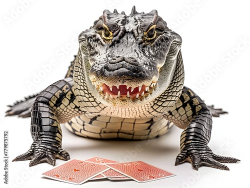 Confident Alligator Poker Player Grinning on White Background