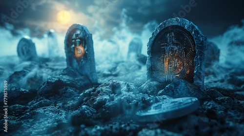 Cryptic bitcoin graveyard ancient coins embedded in fogcovered tombstones moonlit ethereal glow photo