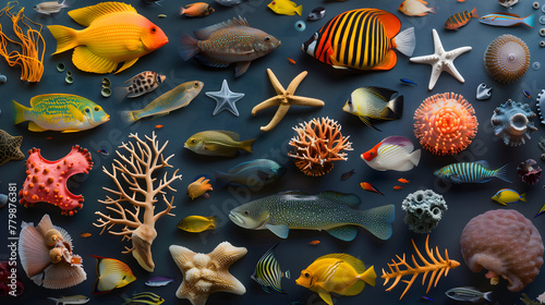 Knolling of Fishes and Sealife with a dark blue background. photo
