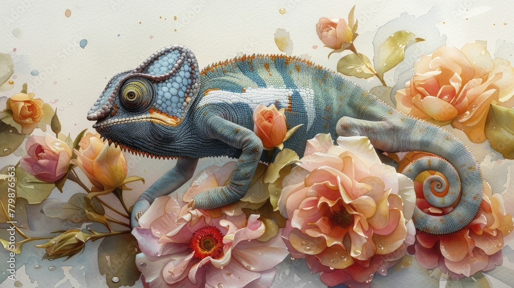 Witness the chameleons gracefully merging with vibrant blooms, embodying adaptability and camouflage in a mesmerizing watercolor depiction.