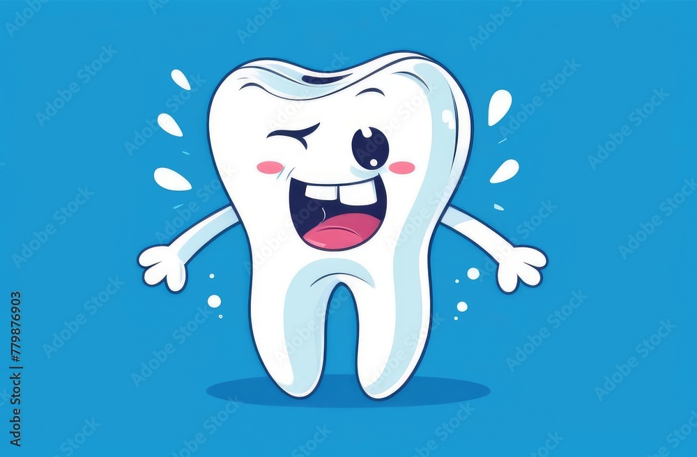 funny cute cartoon character of white tooth on blue background. pediatric dentistry, stomatology. funny cute cartoon character of white tooth on blue background. pediatric dentistry, stomatology.