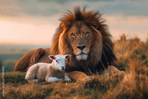 Sacred Friendship: Lion and Lamb Coexisting as a Testament to the Biblical Vision of Isaiah’s Peaceful Kingdom. Symbolizing Worship, Sacrifice, Covenant, Grace, Mercy