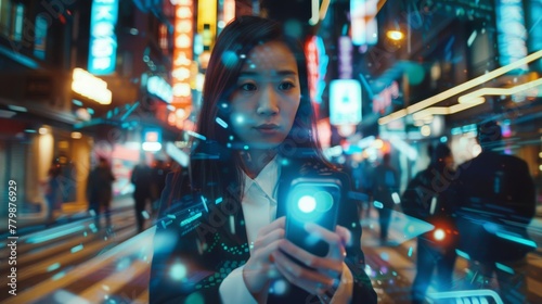 A sleek Chinese executive confidently navigates her smart device amidst the bustling streets, adorned with futuristic overlays.