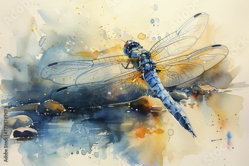 The ethereal beauty of dragonflies dancing by the stream captures the essence of agility and adaptability in a watercolor painting style. © Kanisorn