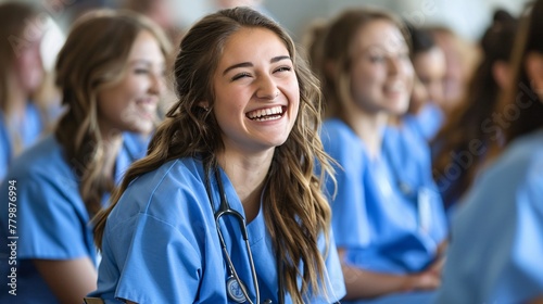 a group of women in blue scrubs smiling