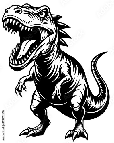 Roaring Tyrannosaurus Rex Vector Art Illustration. Black and white vector illustration with T-rex.   © sanchezz111