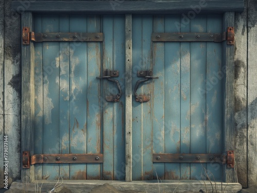 The blue door is old and rusted. The door is open and the hinges are rusty © MaxK