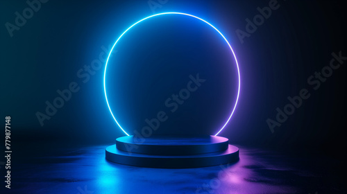 Background podium 3D light neon blue platform stage product abstract. Scene background 3D podium dark pedestal room glow studio empty stand floor night modern circle show space display game led black