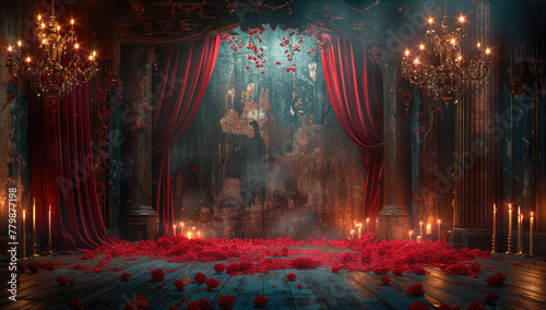 A dark, gothic style stage with red curtains hanging from the ceiling and surrounded by candles. Created with Ai photo