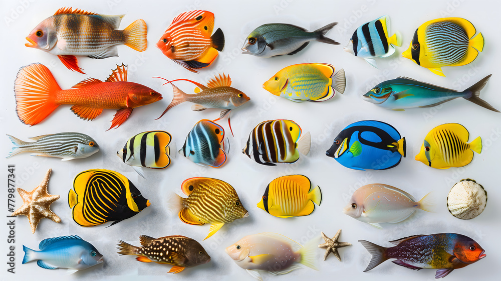 Naklejka premium Knolling of Fishes and Sealife with white background.
