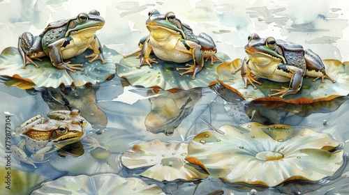 Amid the tranquil pond, frogs gracefully sit on lily pads, embodying balance in a captivating watercolor scene.