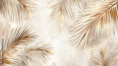 Fototapeta Naklejka Na Ścianę i Meble -  Elegant Golden Palm Leaves on a Textured Cream Background