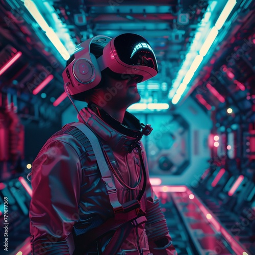 A man wearing a space suit stands in a dark, narrow tunnel. A man immersed in virtual reality experience with a headset on.