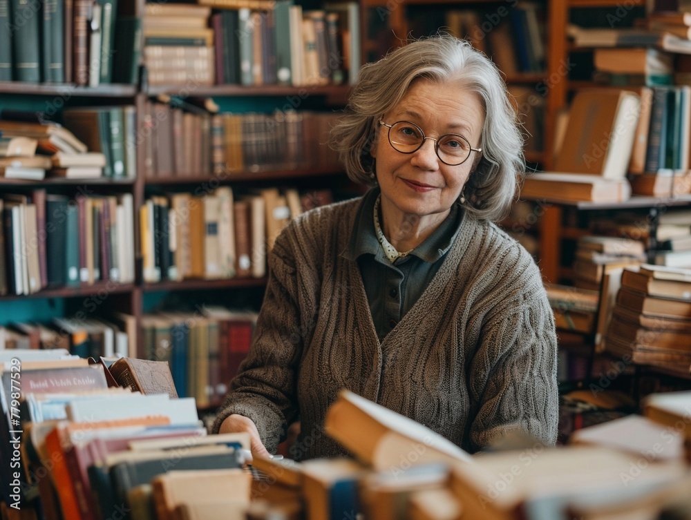A librarian in a cardigan and glasses organizing books on shelves with a peaceful and knowledgeable expression A librarian in a cardigan and glasses organizing books on shelves with a peaceful and knowledgeable expression
