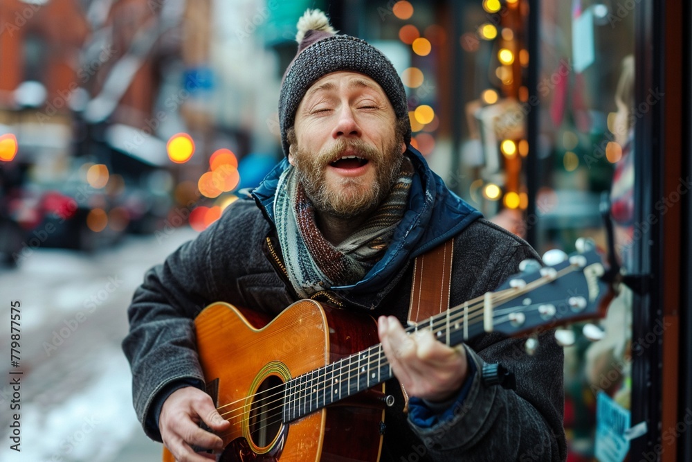A man playing guitar and singing passionately on a street cornercommercial use