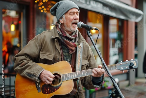 A man playing guitar and singing passionately on a street cornercommercial use photo