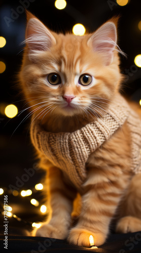 Orange Kitten in Knit Sweater with Twinkling Lights   © Keyser the Red Beard