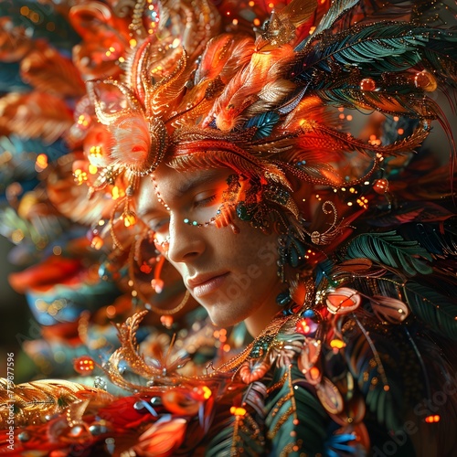 Ethereal Portrait of a Fiery Phoenix-Human Hybrid with Intricate Patterns and Glowing Aura
