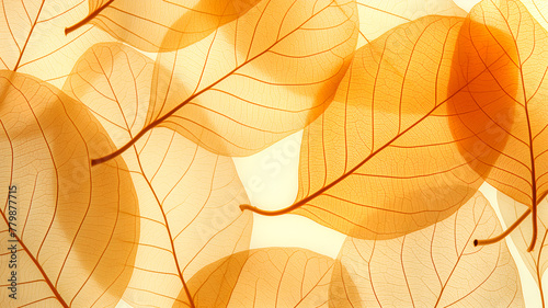Autumn leaves background. Background of yellow leaves in x-rays. Texture of leaves with veins close-up. Top view, flat lay.