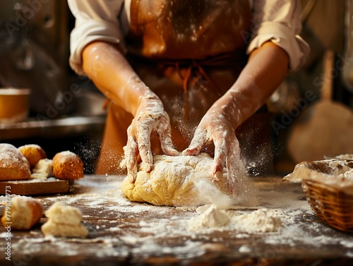 A baker in a brown apron kneading dough with flour on her hands