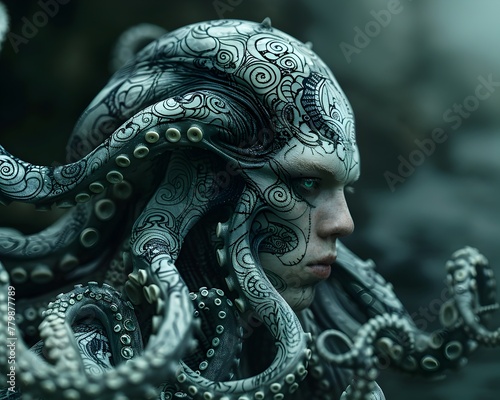 Surreal Kraken-Human Hybrid Portrait with Intricate Tentacles and Facial Features in a Mysterious Underwater Atmosphere