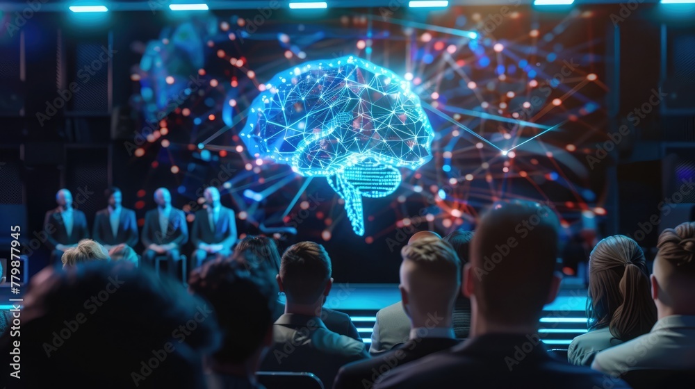 Artificial intelligence. Leading AI expert presents to tech pros with an artificial neural network hologram