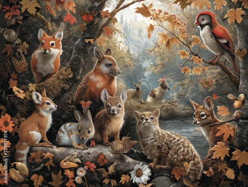 A painting of a forest scene with a group of animals, including rabbits, deer, and birds
