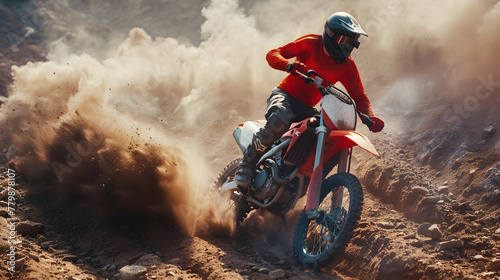 Thrilling Show of Skill and Speed: Motocross Rider Dominates in Rugged Terrain © Maria