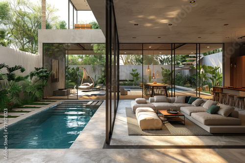 A modern luxury house with a pool  an open living and kitchen area  a concrete floor  light grey marble in the style of natural materials  greenery outside  a sofa on a terracotta tile floor. 