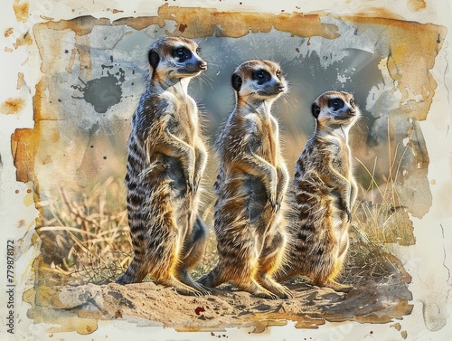 Meerkats standing guard, vigilance and community concept, watercolor painting style.