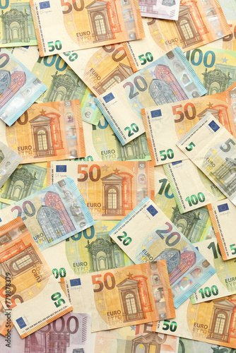 Many european euro money bills. Lot of banknotes of european union currency close up