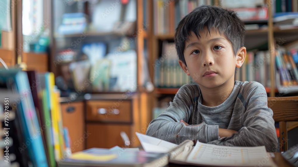 The school boy raises his hand virtually, eager to contribute to the online lesson, demonstrating his active involvement in distance education
