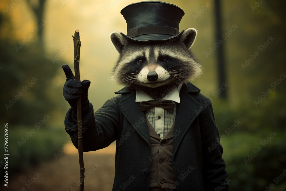 A mischievous raccoon wearing a bowler hat, holding a cane. - obrazy, fototapety, plakaty 